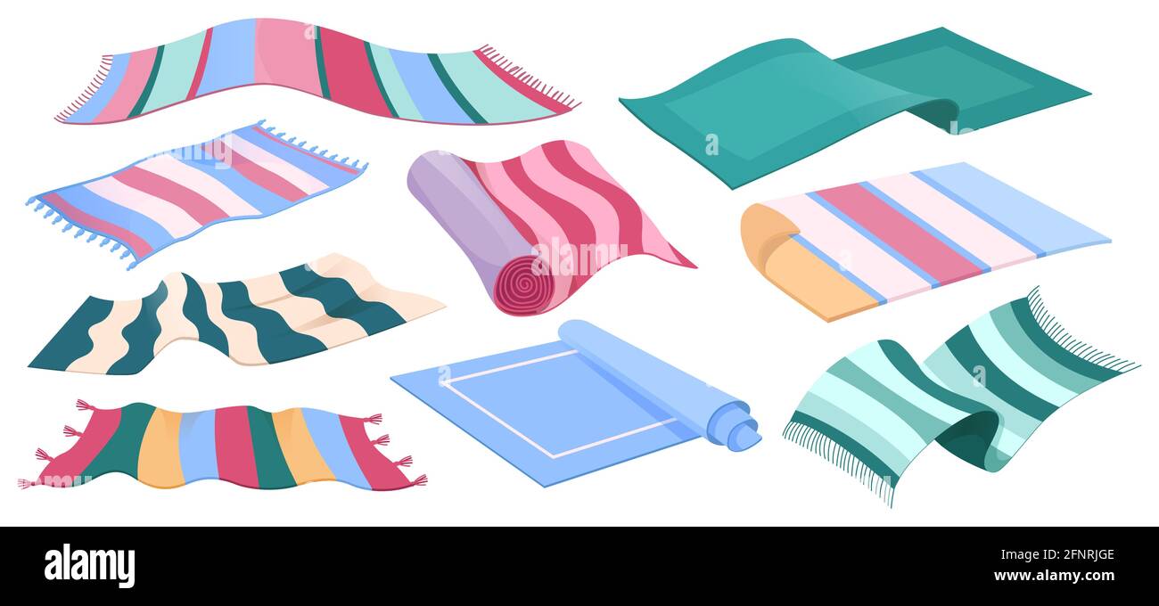 Carpet collection, floor rugs with striped pattern and tassels. Vector cartoon set of cloth mats for home interior and picnic, rectangle cotton woven carpets isolated on white background Stock Vector