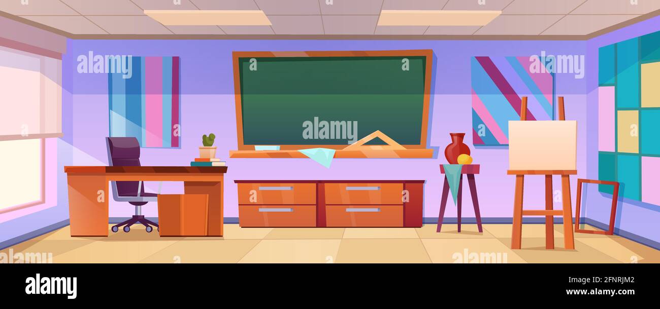 Art classroom with easel, chalkboard, paintings on wall and teacher desk. Vector cartoon illustration of empty school class interior with artist equipment for education children to draw Stock Vector