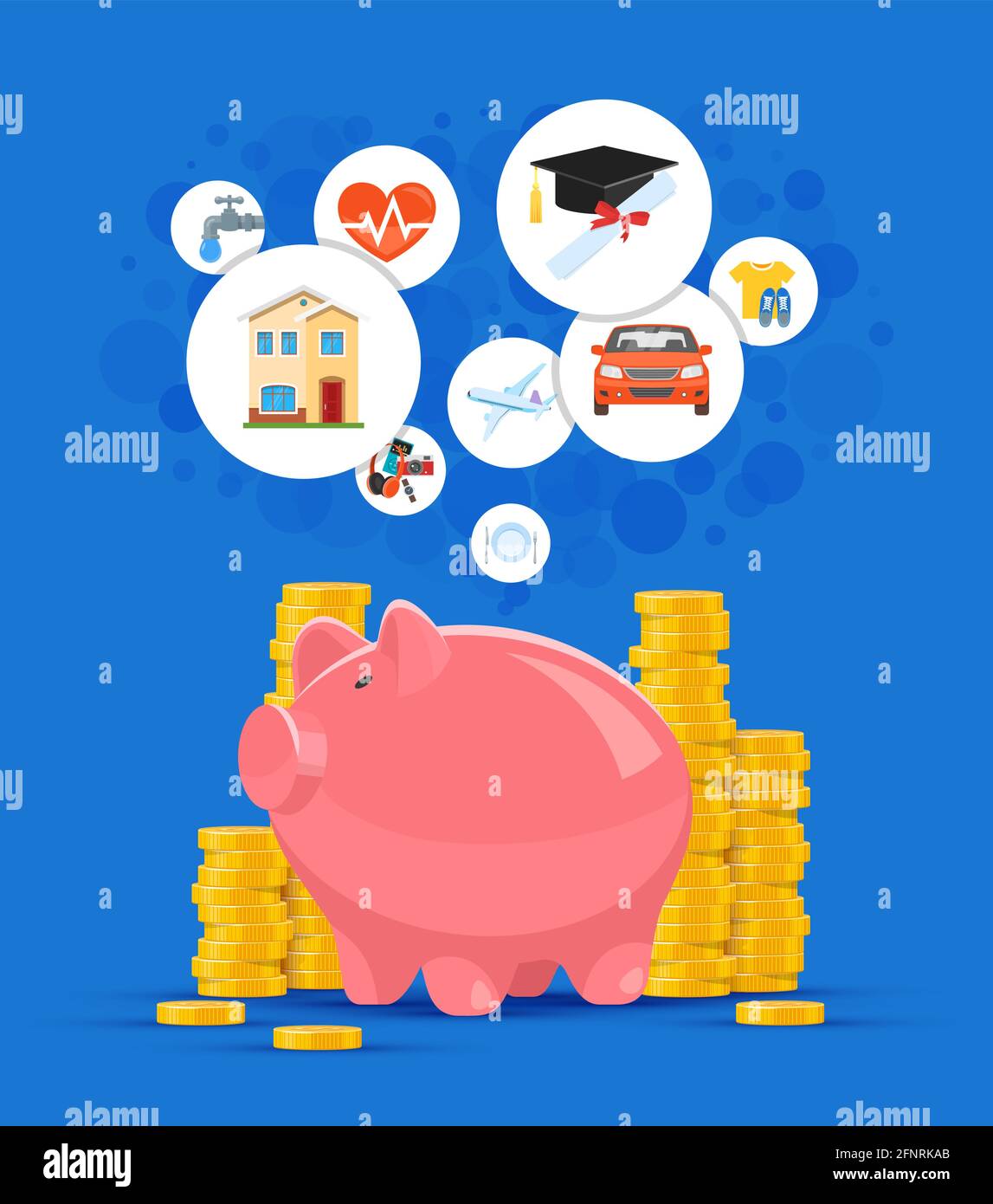 Saving money concept vector illustration. Pink piggy bank with golden ...
