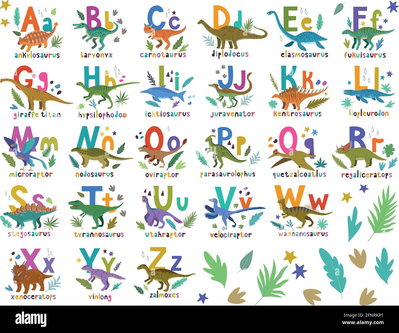 Dino Alphabet. Bright Colorful Set With Hand Drawn Cartoon Cute Dinosaurs  And Letters Compositions For Children And As Education Resources Stock  Vector Image & Art - Alamy