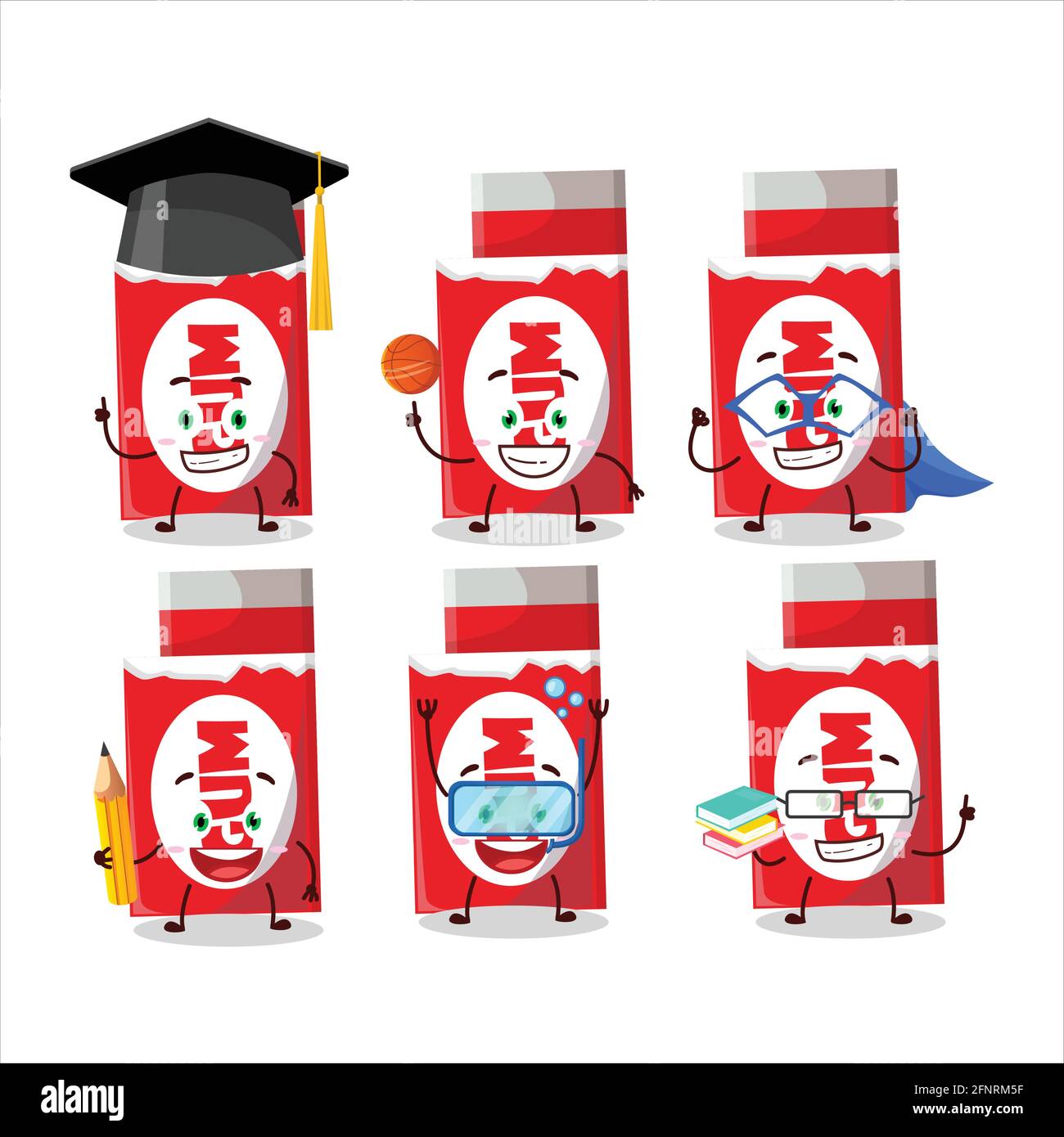 School student of red bubble gum cartoon character with various