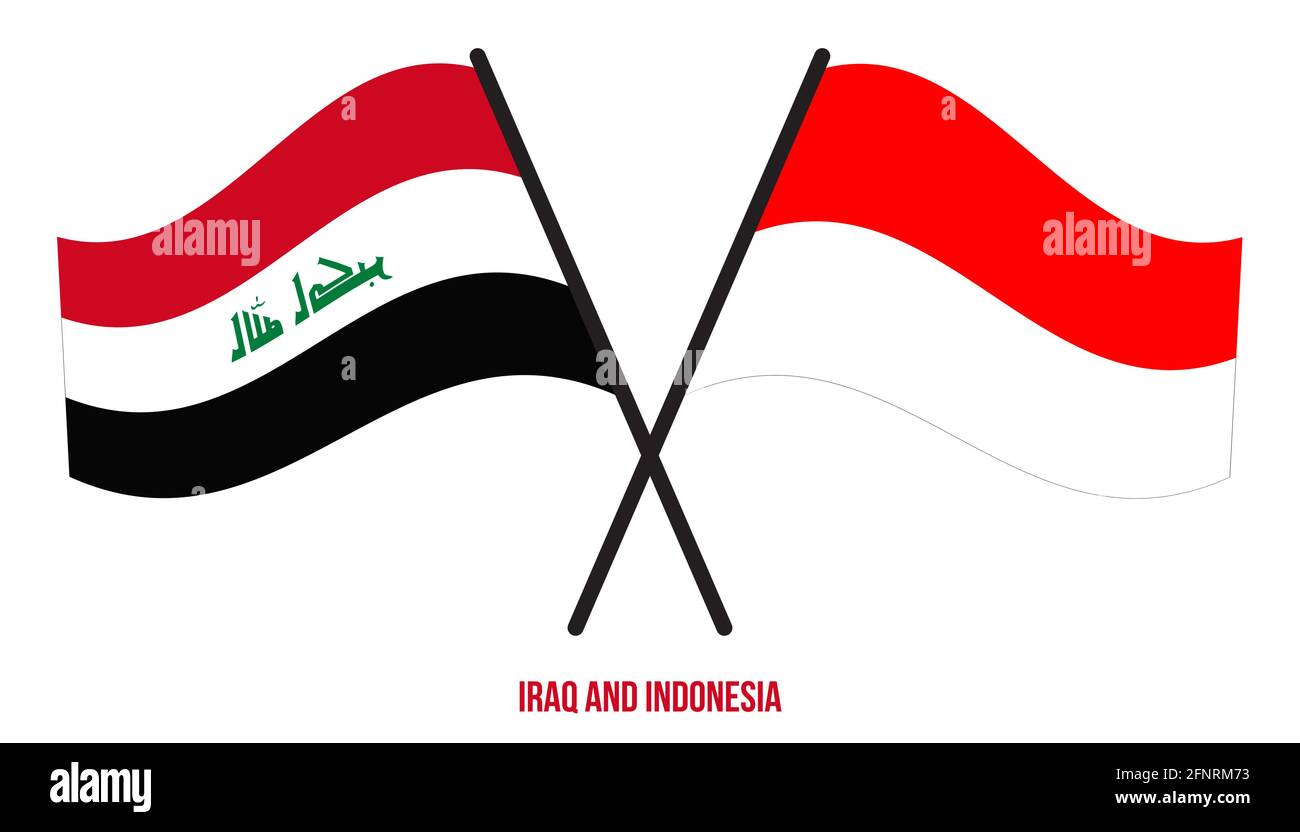 Iraq and Indonesia Flags Crossed And Waving Flat Style. Official Proportion. Correct Colors. Stock Vector