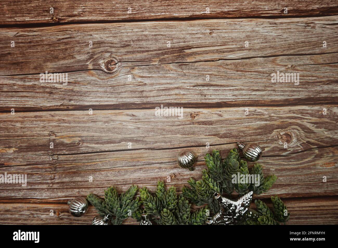 Christmas background with fir tree branches border frame on wooden ...