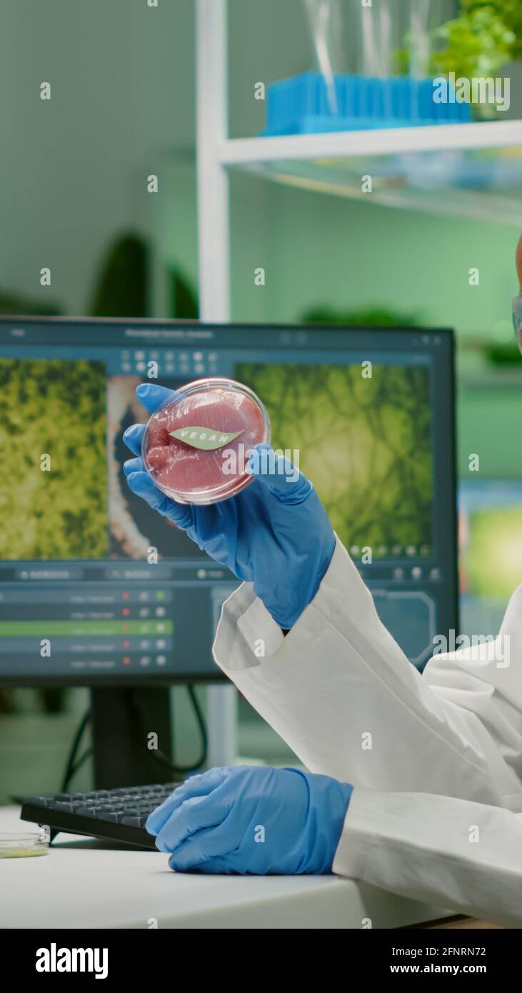 Meat Biochemistry Chemist researcher typing microbiology expertise of vegan beef meat ...