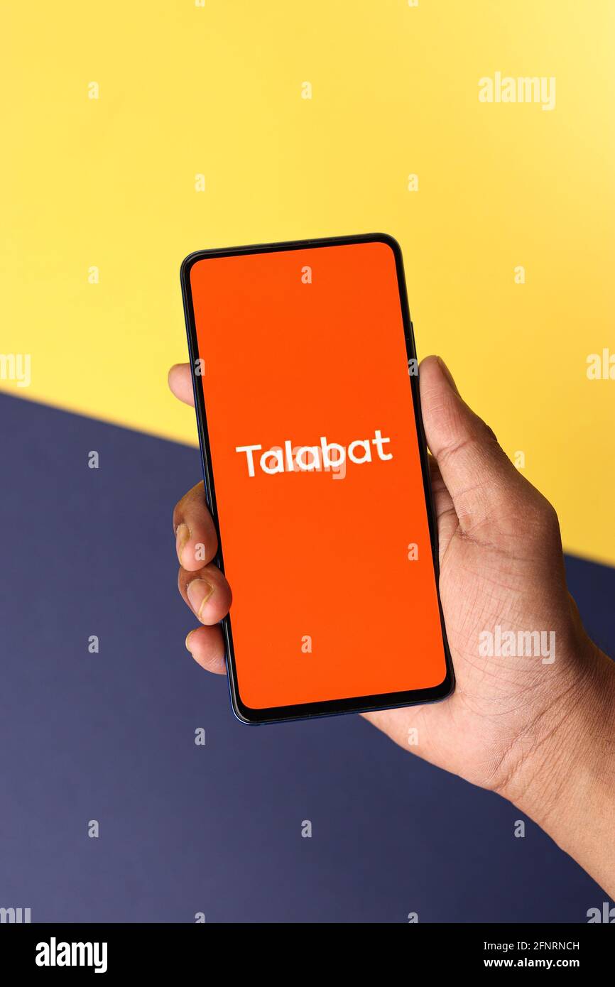 Assam, india May 18, 2021 Talabat logo on phone screen stock image