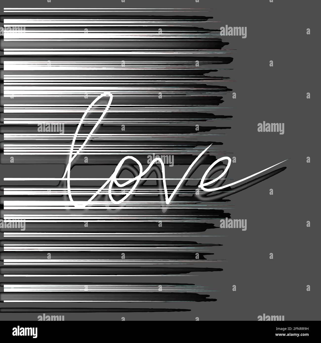 hand lettering love with shadow and horizontal stripes with shadow black and white vector pattern Stock Photo