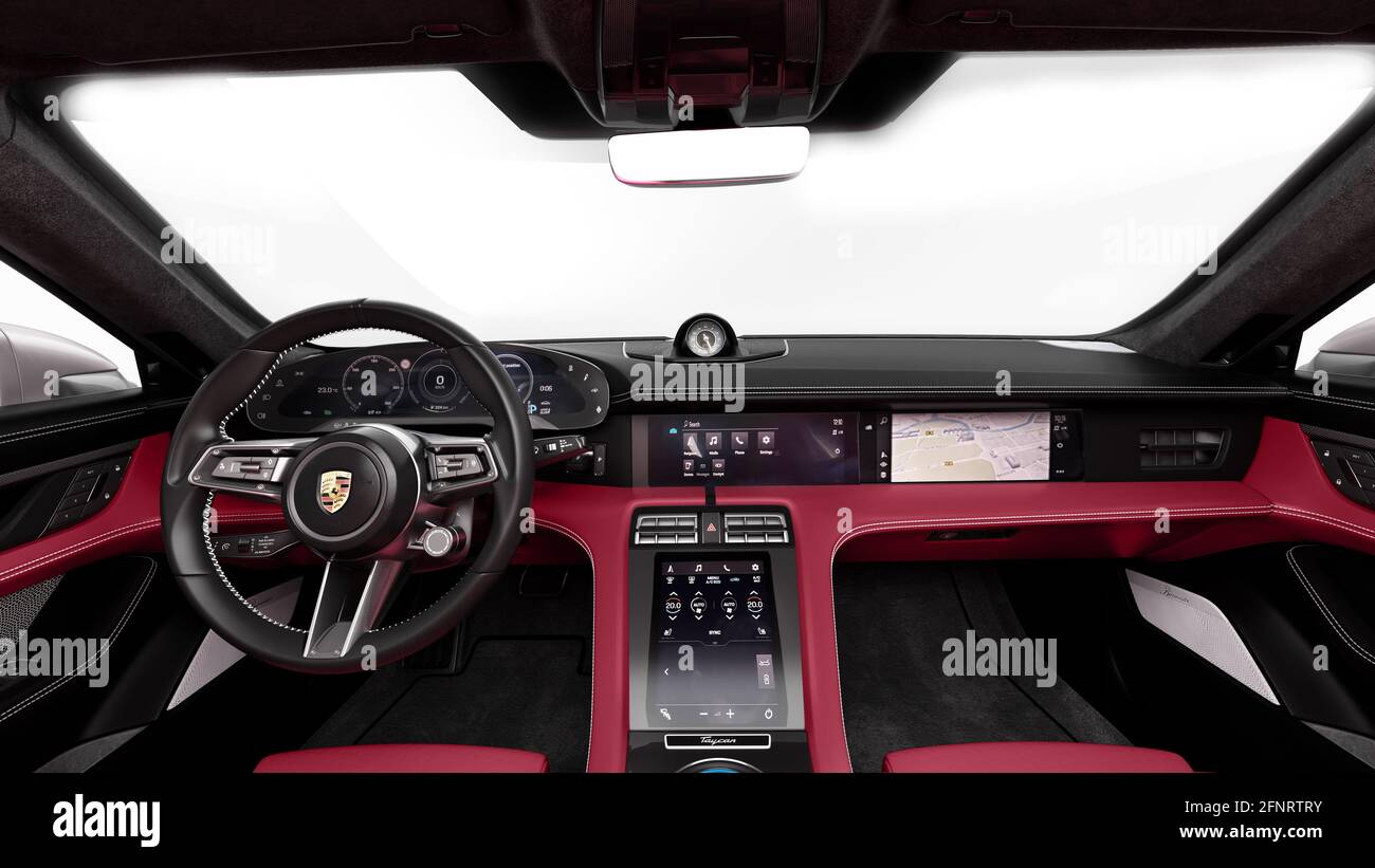 porsche taycan candy red interior .Car interior luxury. red leather