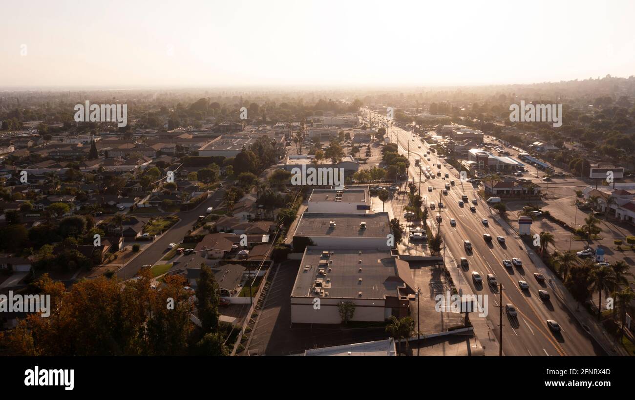 Sunset aerial view of the urban core of La Habra, California, USA. Stock Photo