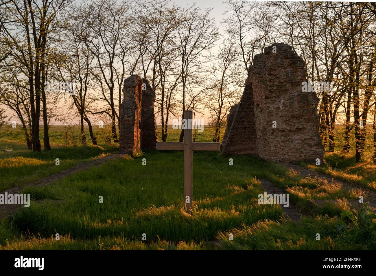 The Csomorkanyi church ruins is a less famous historical heritage in Hungary, alfold region. Is on the middle of prairie. The nearest city is Hodmezov Stock Photo
