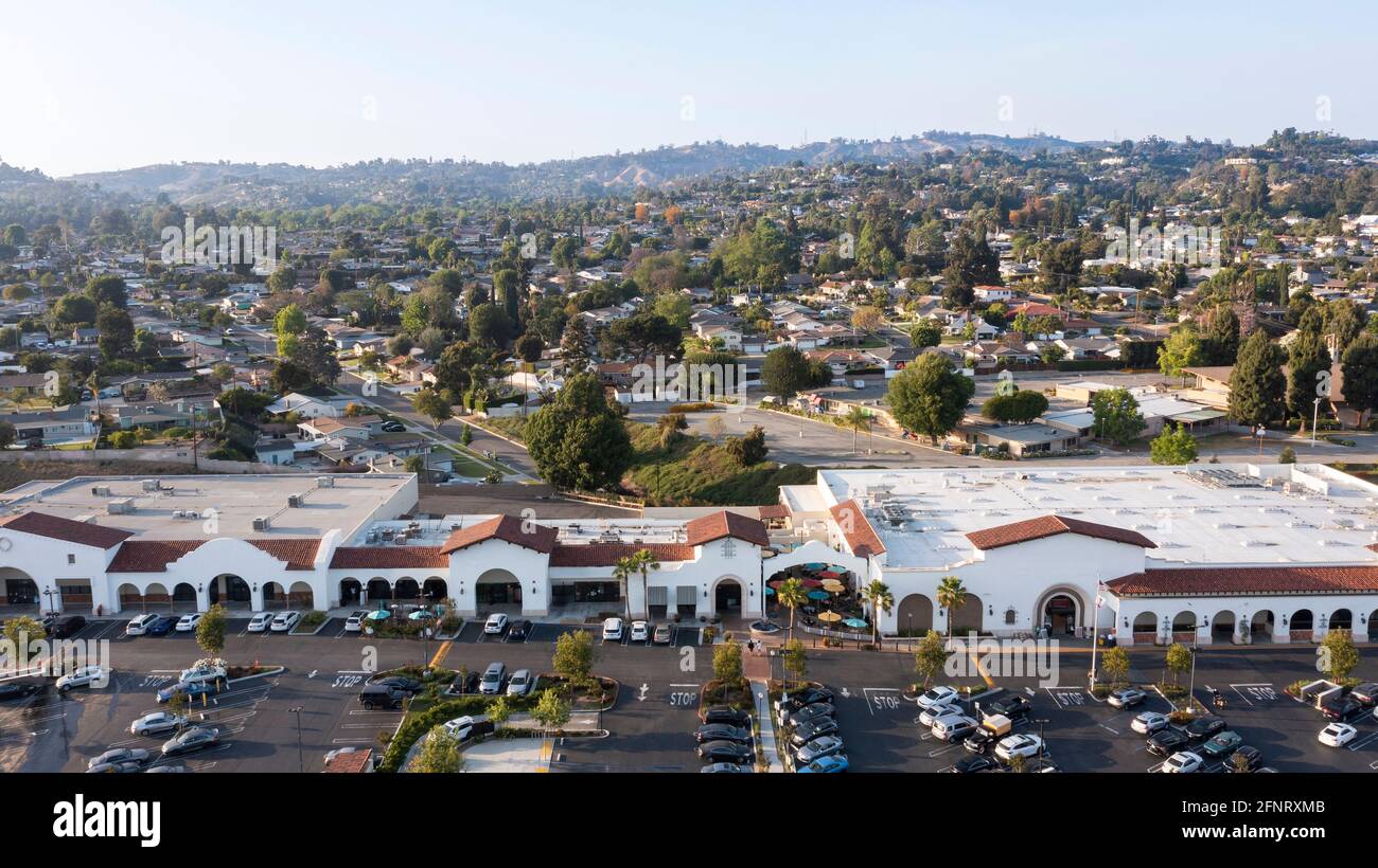 Sunset aerial view of the urban core of La Habra, California, USA. Stock Photo