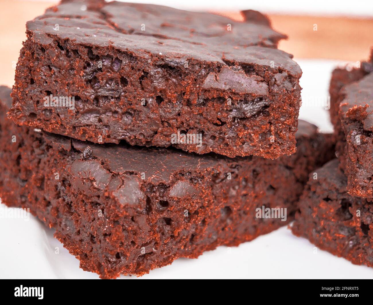 Close-up of the structure and pieces of beet, inside home made chocolate beetroot brownies Stock Photo