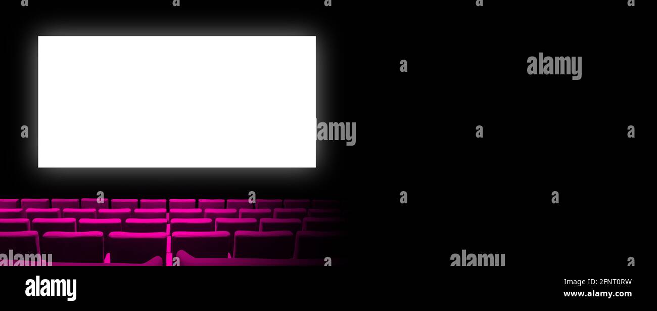 Cinema movie theatre with pink velvet seats and a blank white screen ...