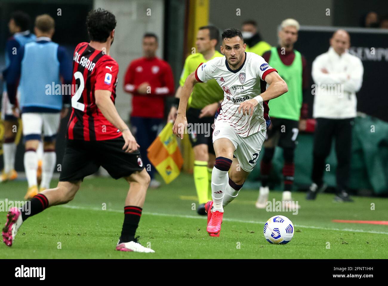 MILAN, ITALY - MAY 16: Davide Calabria of AC Milan and Charalampos Lykogiannis of Cagliari Calcio during the Serie A match between AC Milan and Caglia Stock Photo