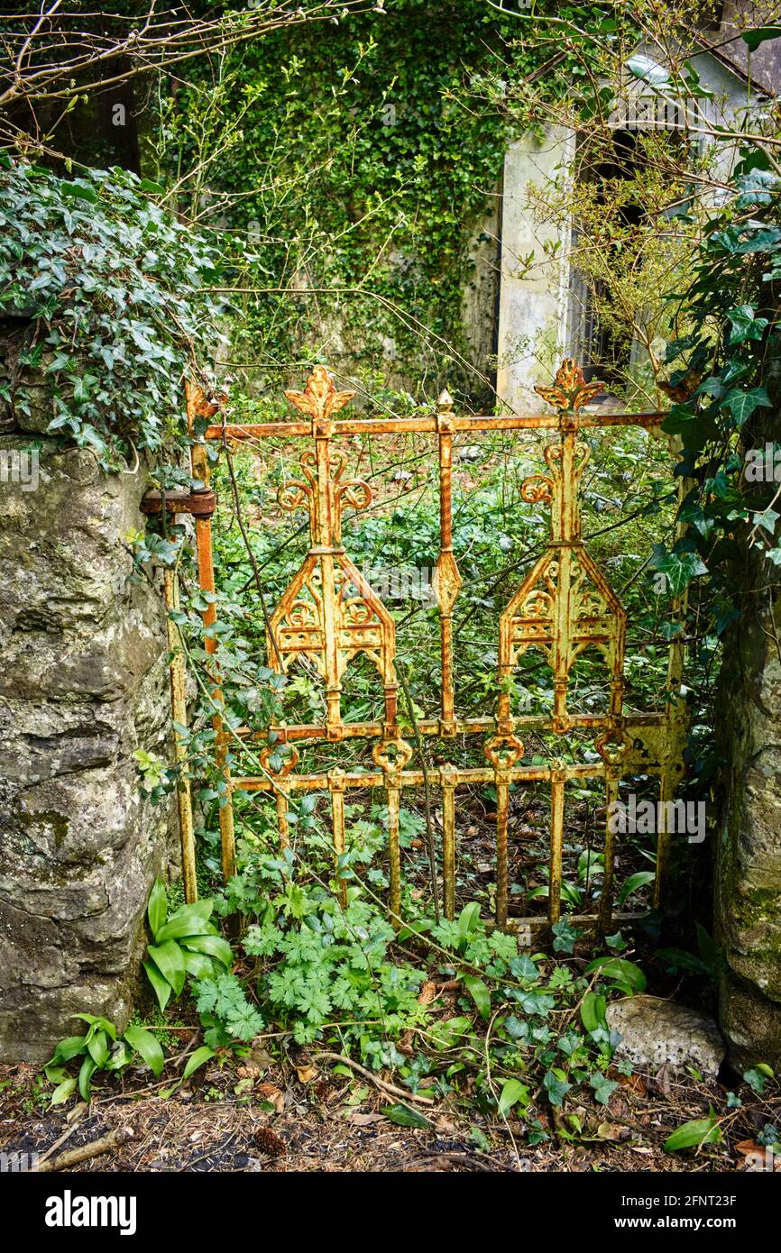 Manx cottage metal front gate of an abandoned house in Maughold, Isle of Man Stock Photo