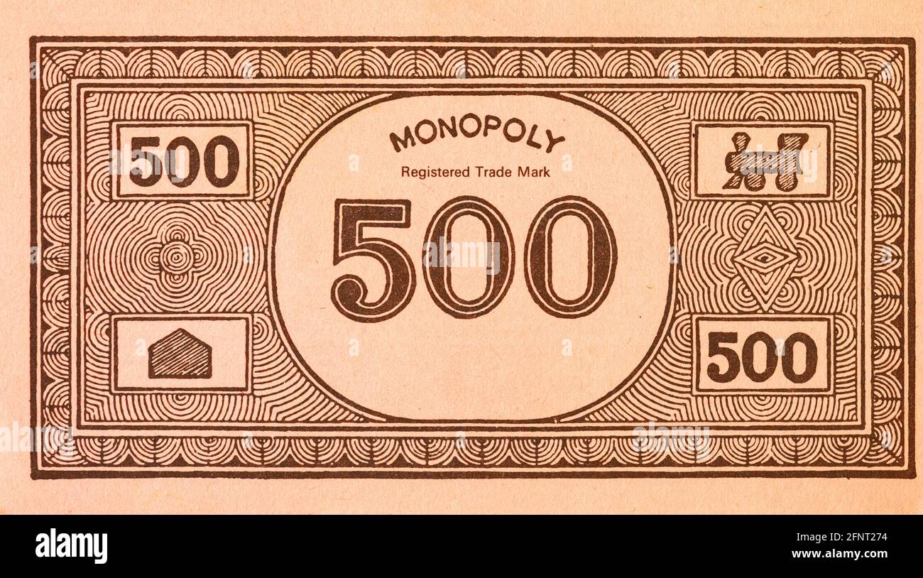 Five Hundred units Monopoly Money Note Close up Stock Photo