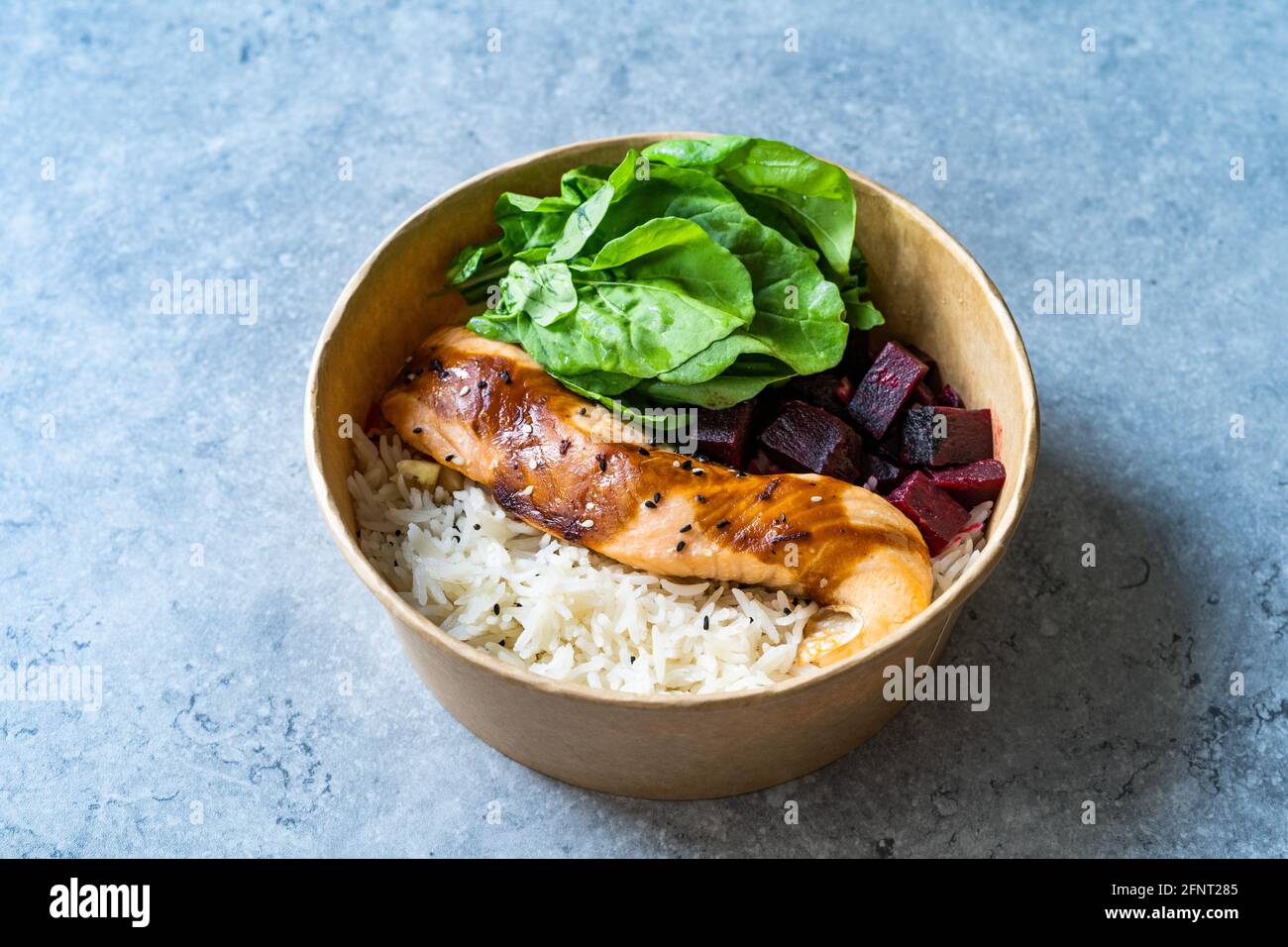 Take Away Teriyaki Salmon and Basmati Rice in Take Out Plastic Bowl
