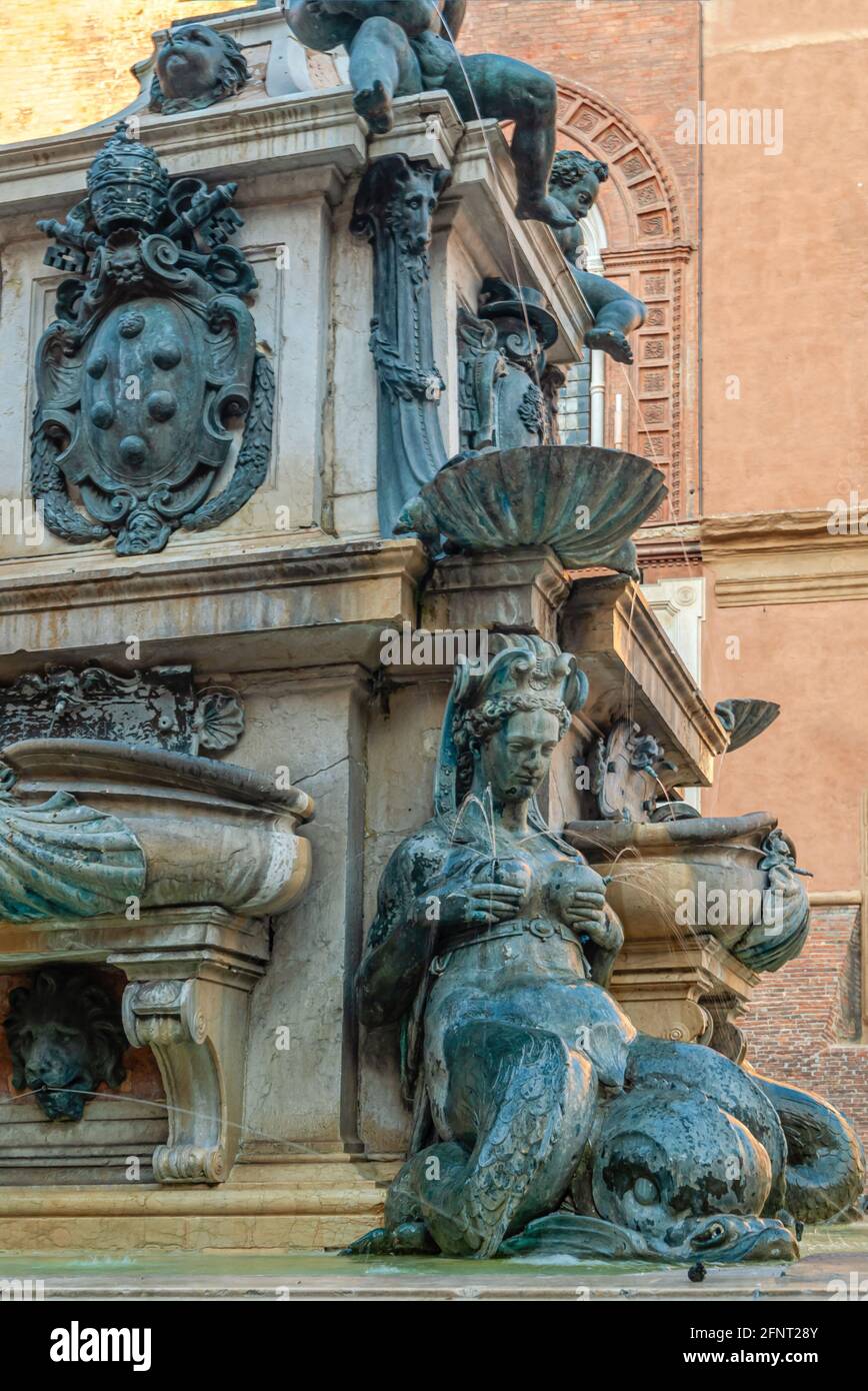 Closeup of the bizarre Fontana del Nettuno at the Piazza Maggiore, Bologna Stock Photo