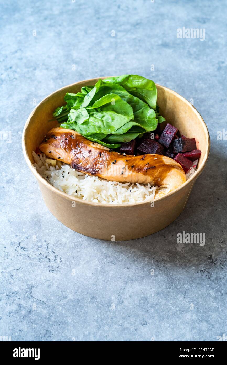 Take Away Teriyaki Salmon and Basmati Rice in Take Out Plastic Bowl