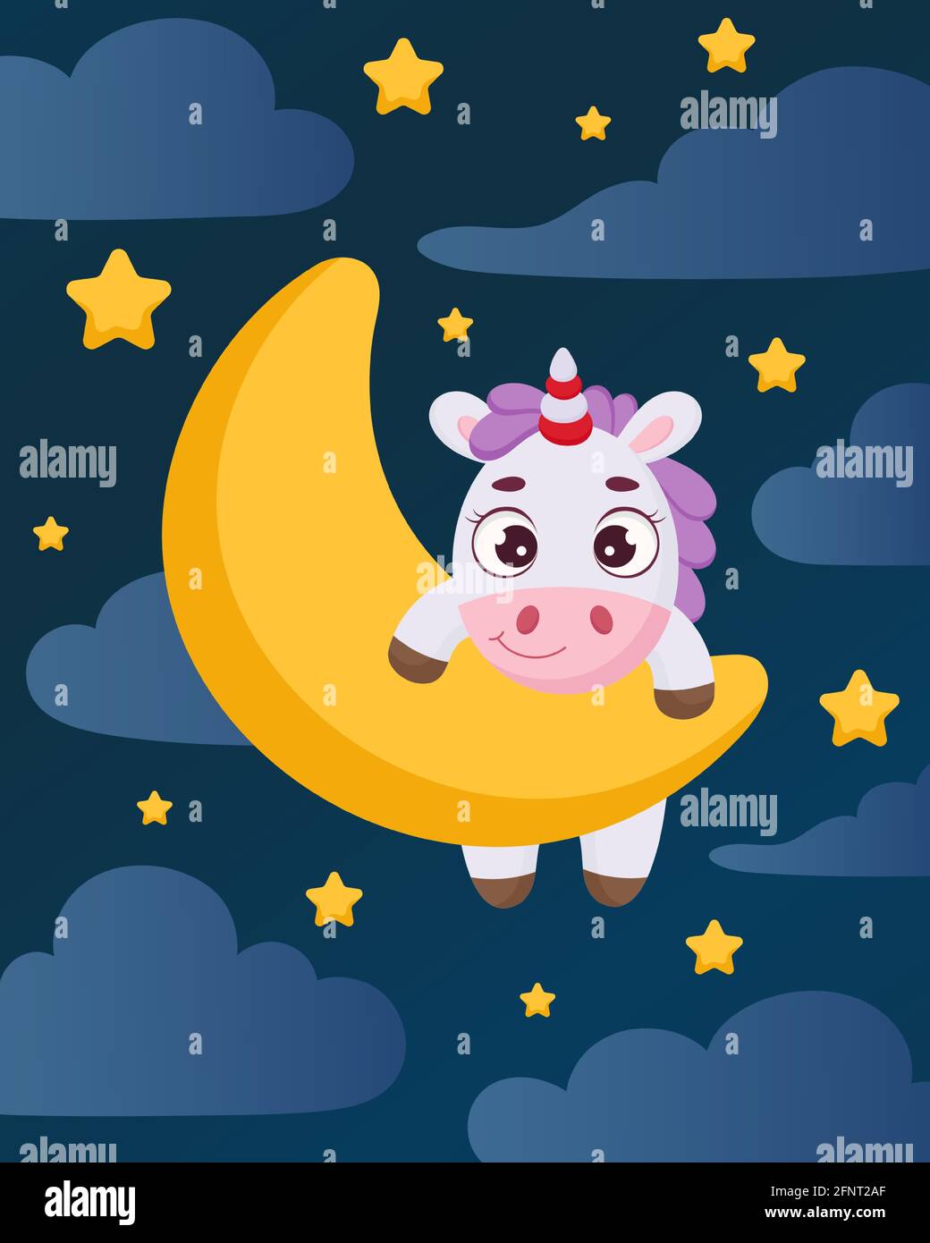 Cute magical unicorn hug moon in night sky. Cartoon character for kids ...