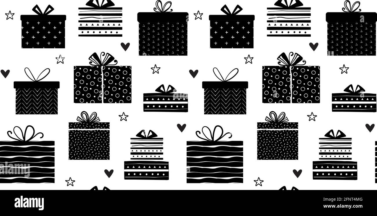Gift seamless hand made pattern. Black white vector patterns for web, fabric, wrapping paper. Vector illustration Stock Vector