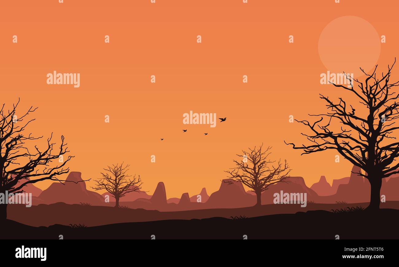 Pdusk Vector Mountain view with beautiful silhouettes of dry trees at dusk. Vector ...