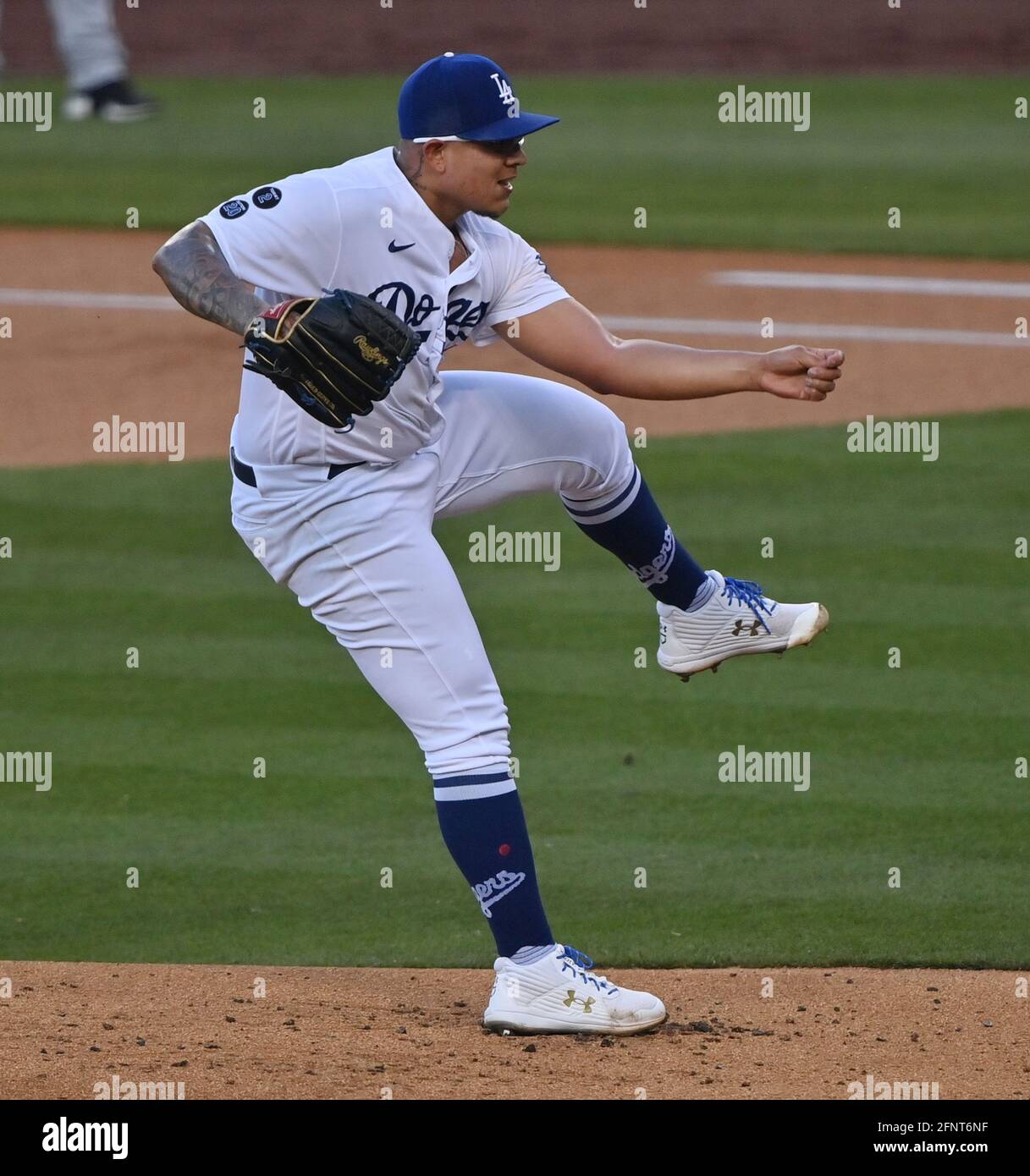 Los Angeles, United States. 19th May, 2021. Los Angeles Dodgers' starting pitcher Julio Urias delivers in the first inning against the Arizona Diamondbacks at Dodger Stadium in Los Angeles on Tuesday, May 18, 2021. The Dodgers defeated the Diamondbacks 9-1. Photo by Jim Ruymen/UPI Credit: UPI/Alamy Live News Stock Photo