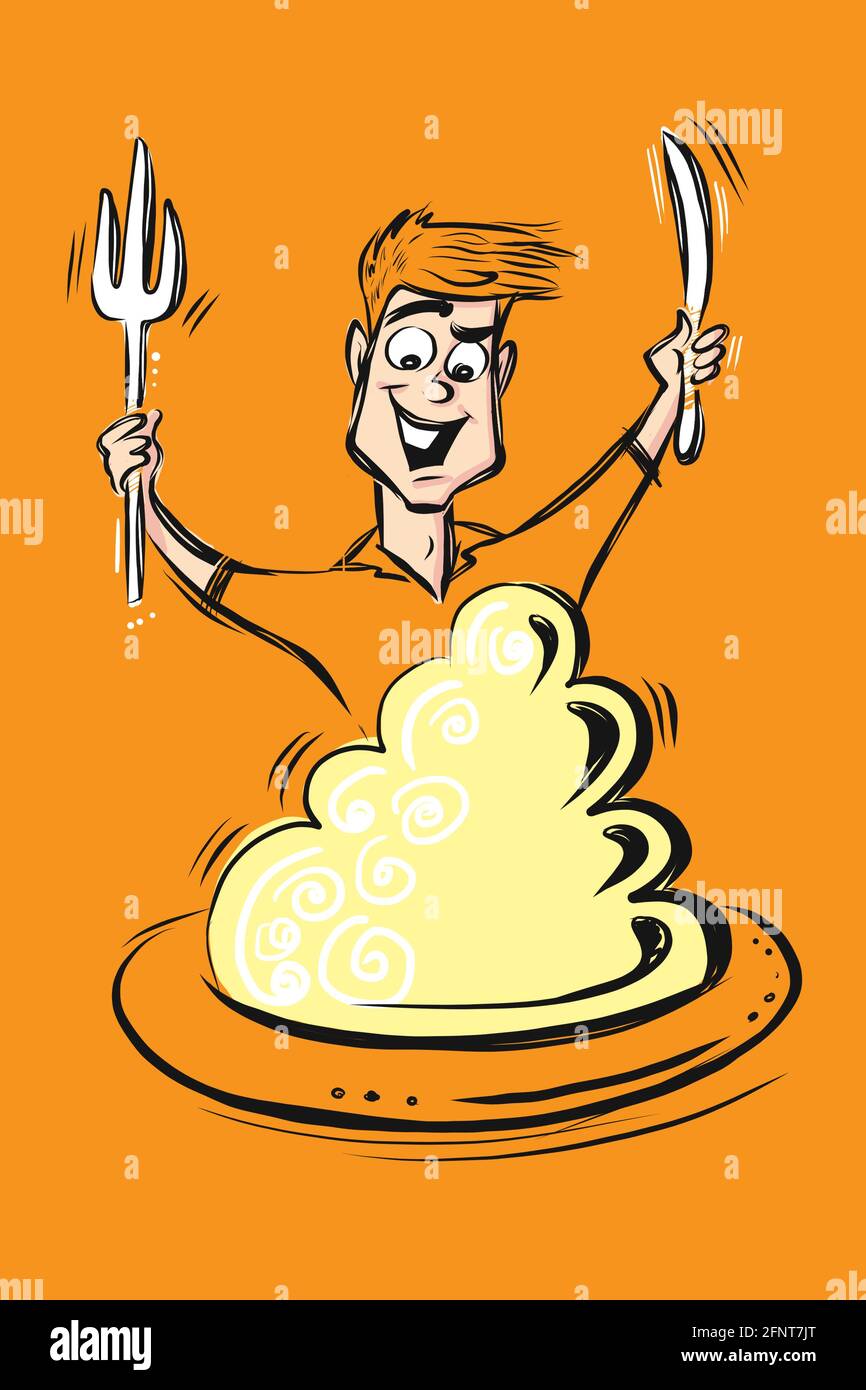 cartoon of a man eating a big plate of food with a big fork and knife Stock Photo