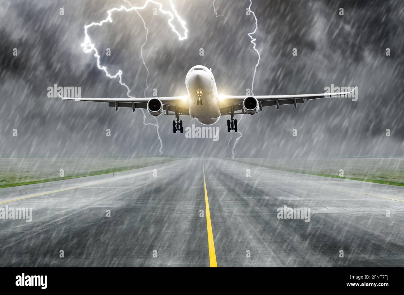 Lightning strike on an airplane electric discharge during a