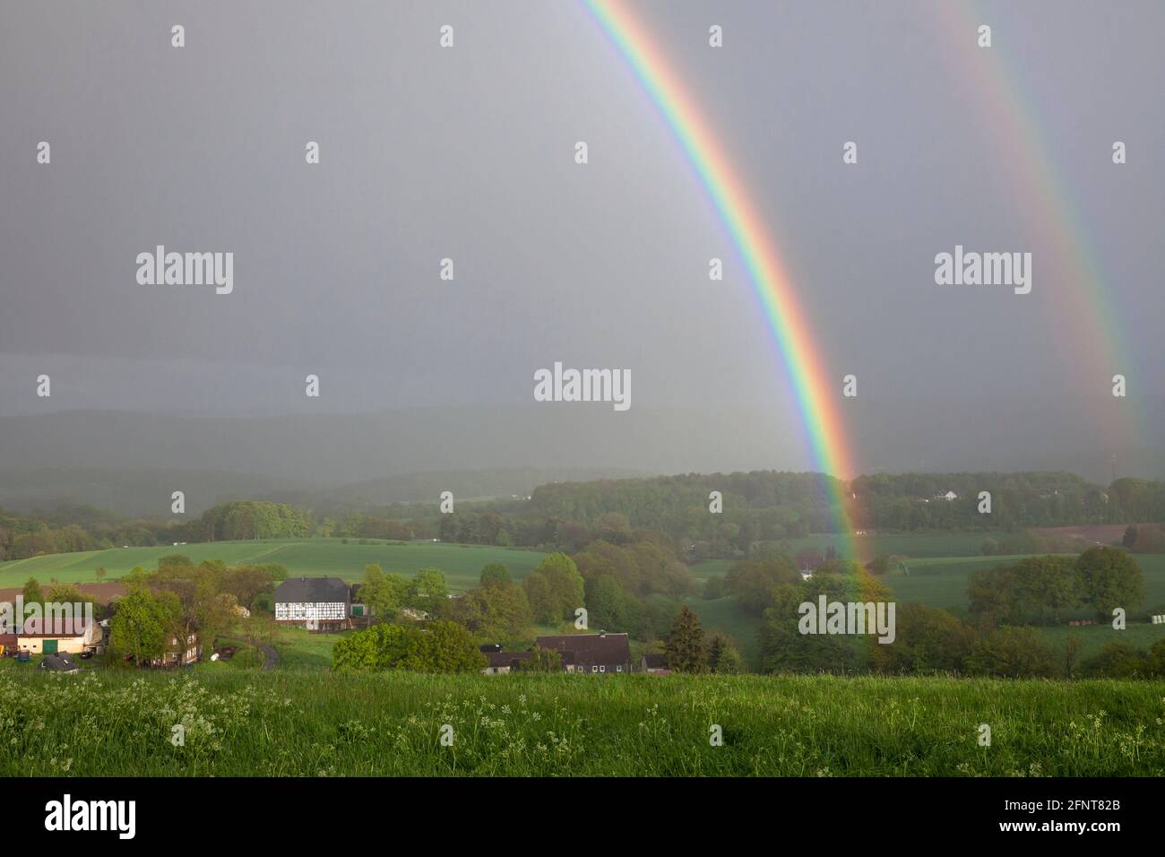 rainbow near Gevelsberg, North Rhine-Westphalia, Germany.  Regenbogen bei Gevelsberg, Nordrhein-Westfalen, Deutschland. Stock Photo