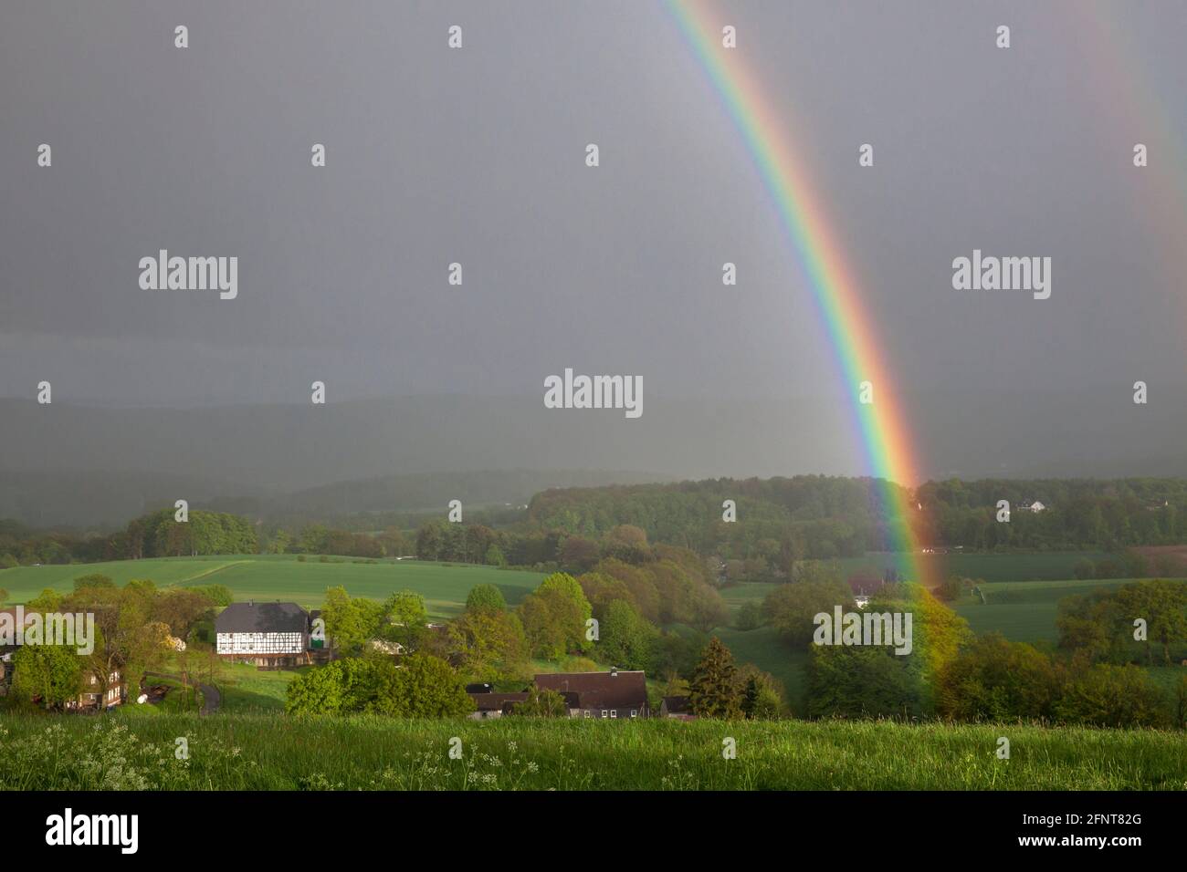 rainbow near Gevelsberg, North Rhine-Westphalia, Germany.  Regenbogen bei Gevelsberg, Nordrhein-Westfalen, Deutschland. Stock Photo