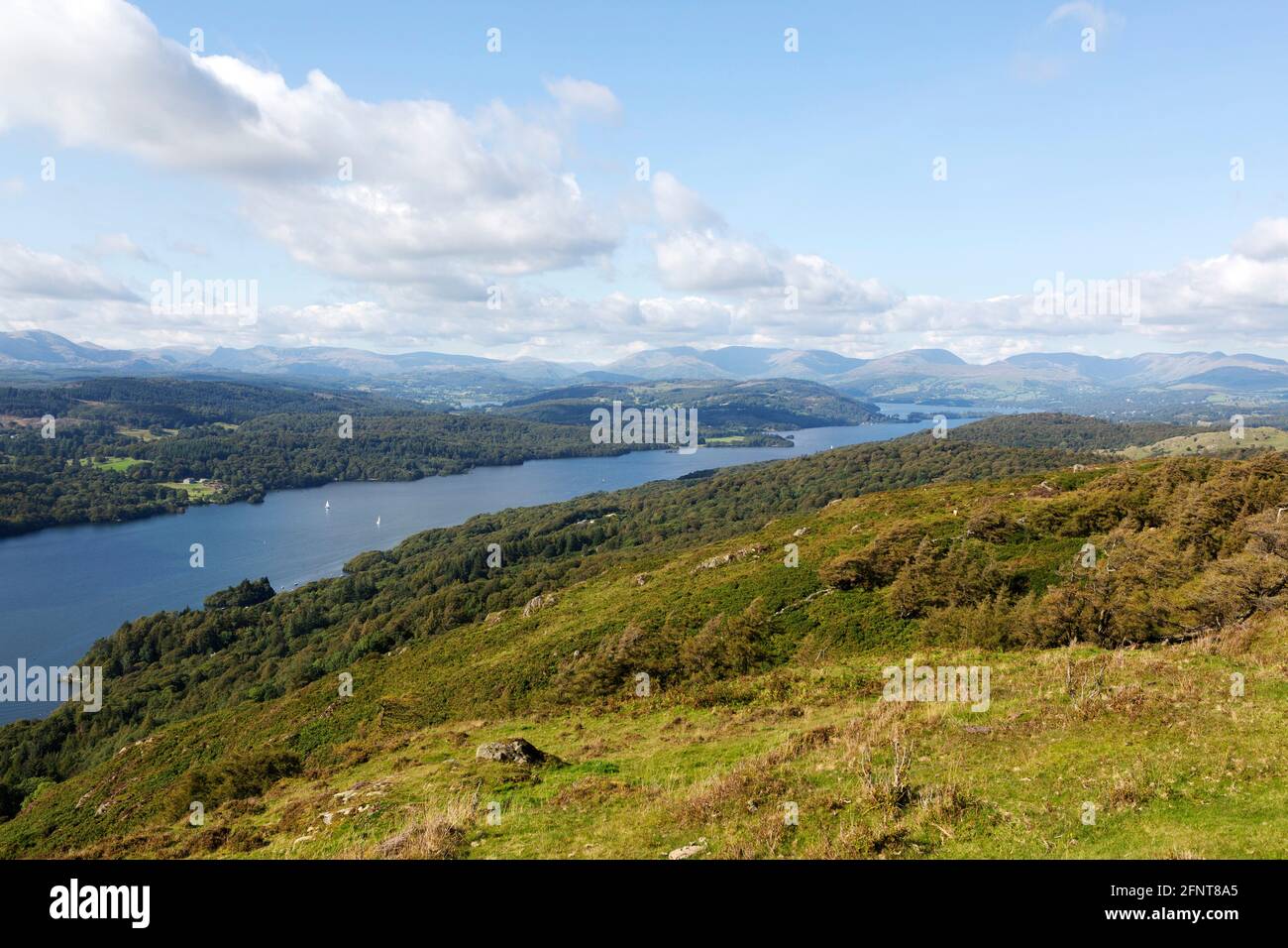Landscape around Lake Windermere in Cumbria, England. The lake is in the Lake District National Park. Stock Photo