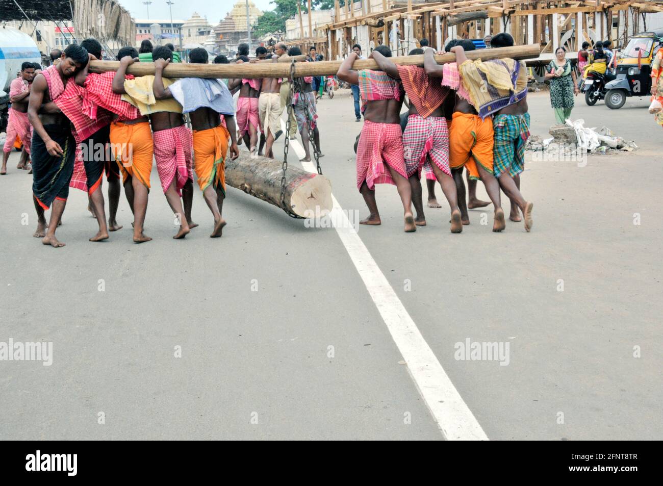 The craftsmen work tirelessly to build these three beautiful chariots in just two months. Stock Photo