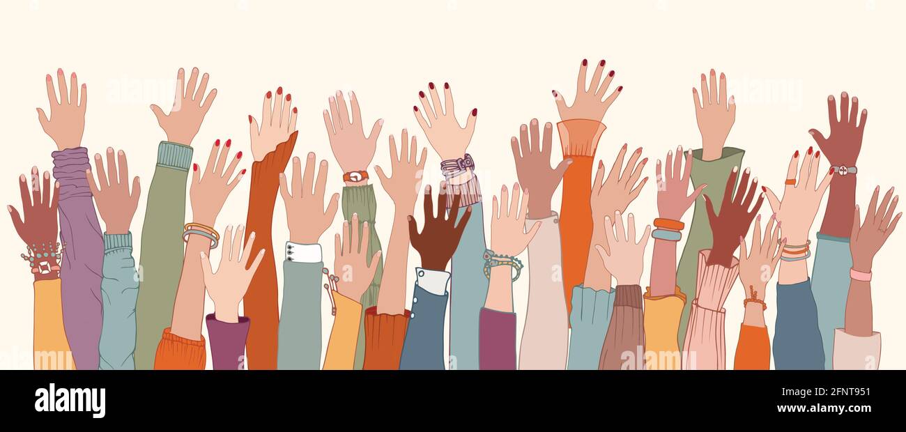 Group of diverse people with raised arms and hands.Work team.Support and assistance.People diversity. Multicultural and multiethnic community.Equality Stock Vector