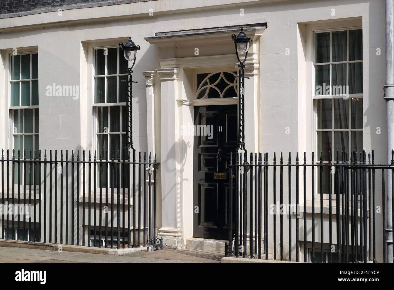 Entrance to the official residence of the treasurer Downing Street No 11, Westminster, London, UK Stock Photo