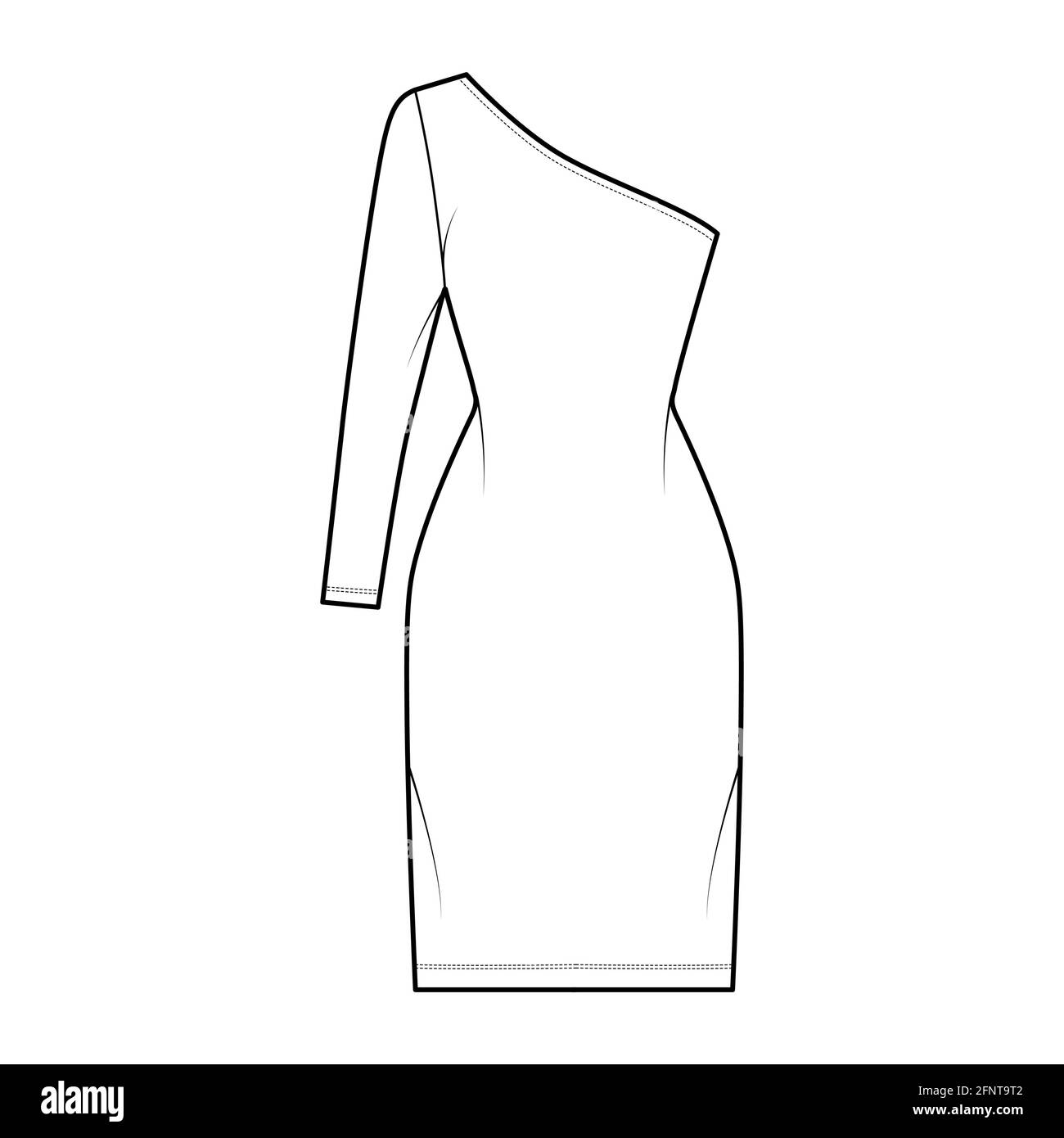 Dress one shoulder technical fashion illustration with long sleeve, fitted body, knee length pencil skirt. Flat apparel front, white color style. Women, men unisex CAD mockup Stock Vector