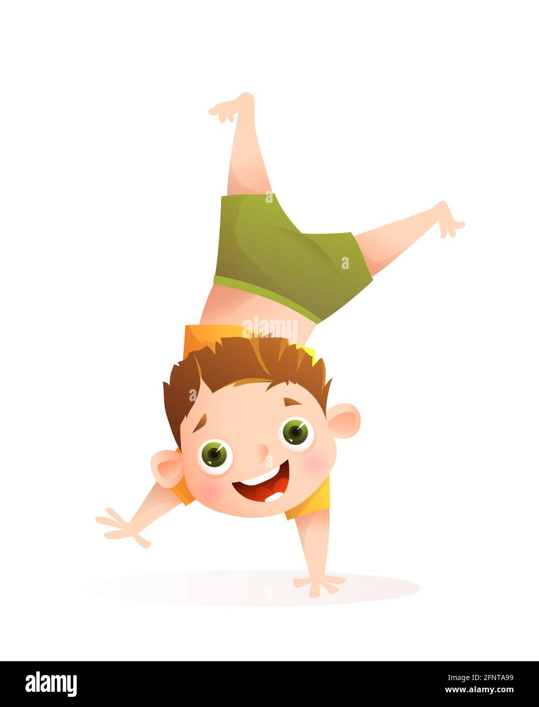 Little Fun Boy Playing Doing Upside Down Handstand Stock Vector