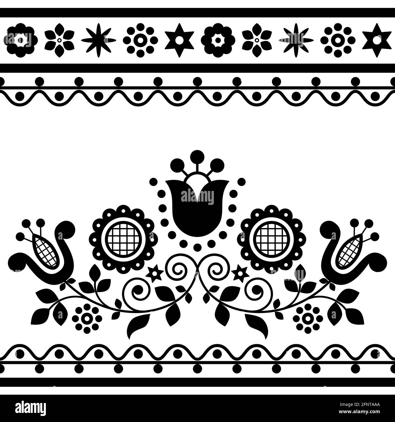 Romantic floral folk art vector black and white greeting card pattern with flowers inspired by traditional highlanders embroidery Lachy Sadeckie Stock Vector