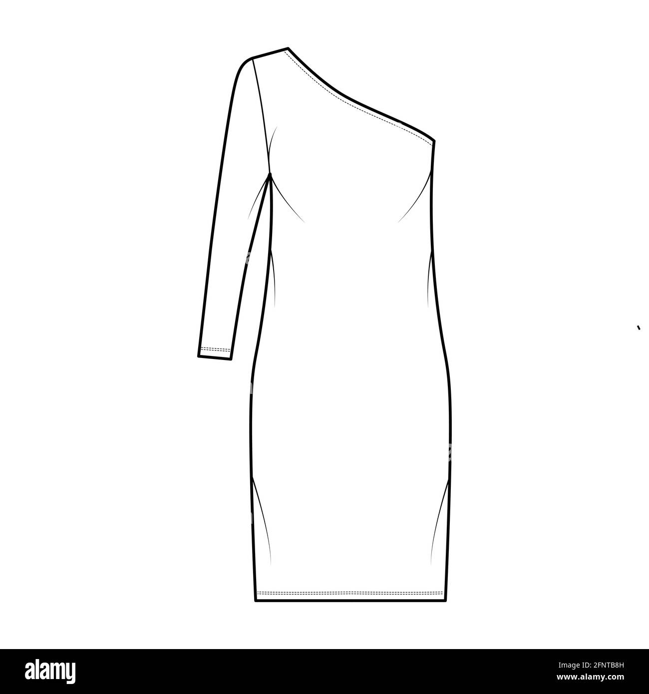 Dress one shoulder technical fashion illustration with long sleeve, oversized body, knee length pencil skirt. Flat apparel front, white color style. Women, men unisex CAD mockup Stock Vector