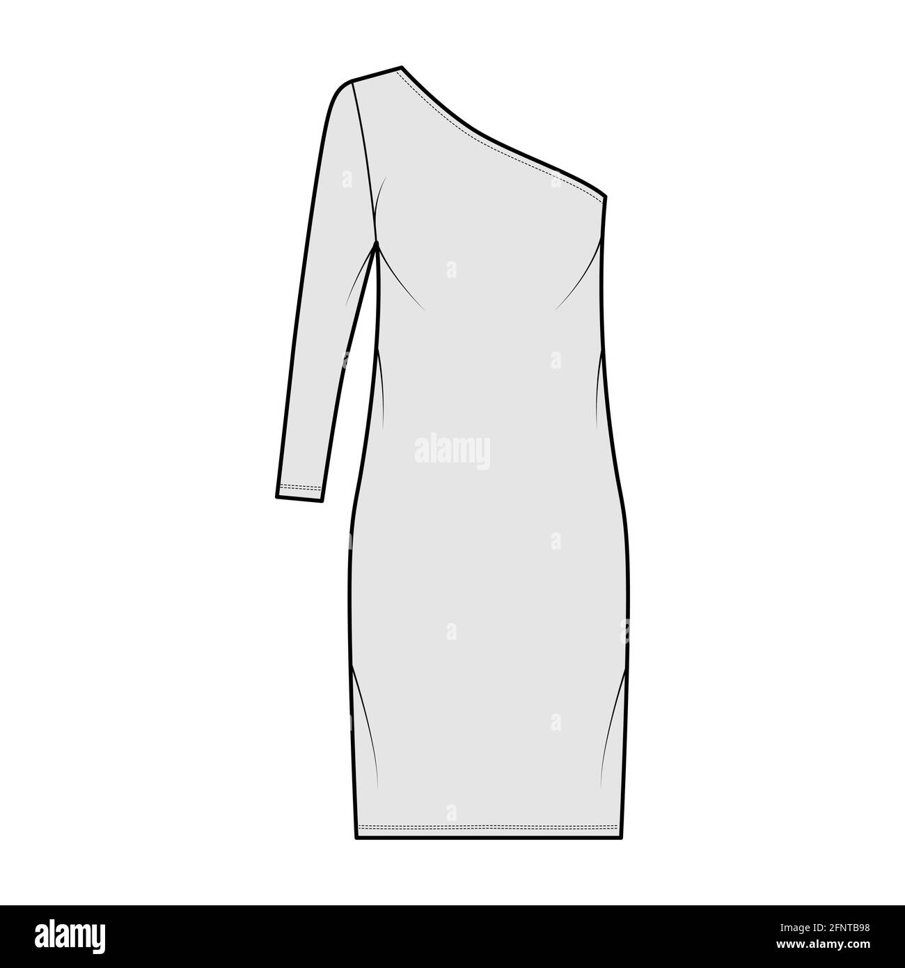 Dress one shoulder technical fashion illustration with long sleeve, oversized body, knee length pencil skirt. Flat apparel front, grey color style. Women, men unisex CAD mockup Stock Vector