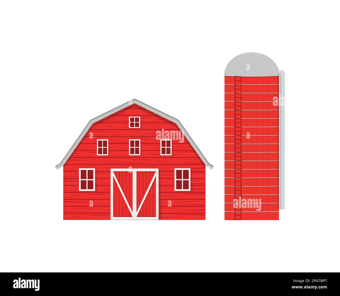 Red wooden barn and agricultural silo for grain storage isolated on white background. American farm buildings front view. Vector cartoon illustration. Stock Vector