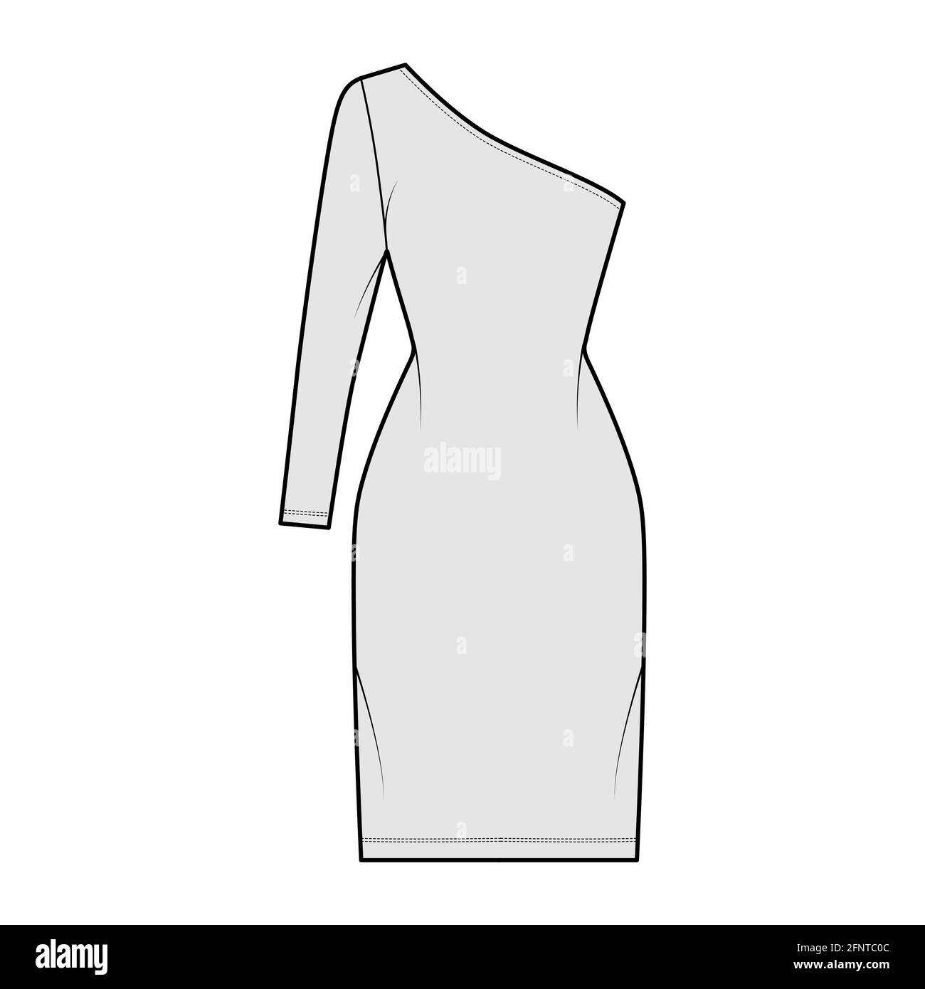 Dress one shoulder technical fashion illustration with long sleeve, fitted body, knee length pencil skirt. Flat apparel front, grey color style. Women, men unisex CAD mockup Stock Vector