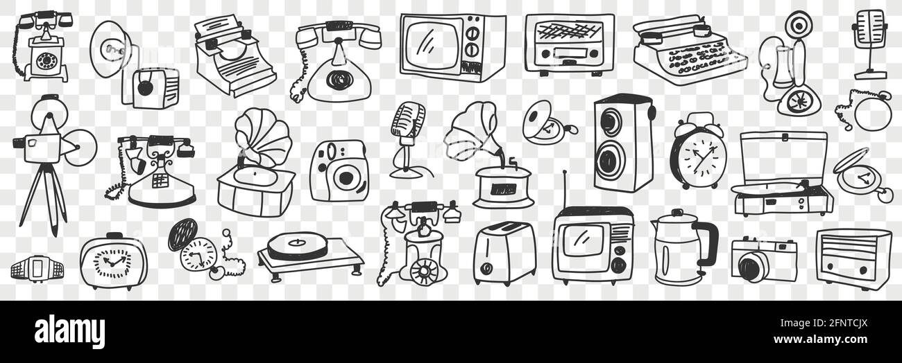 Retro and modern technical appliances doodle set. Collection of hand drawn various telephone teapot kettle television toaster electronic devices in rows isolated on transparent background  Stock Vector
