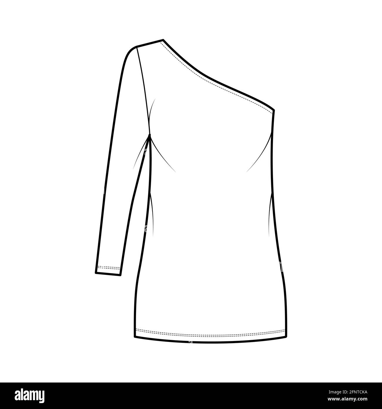 Dress one shoulder technical fashion illustration with long sleeve, oversized body, mini length pencil skirt. Flat apparel front, white color style. Women, men unisex CAD mockup Stock Vector