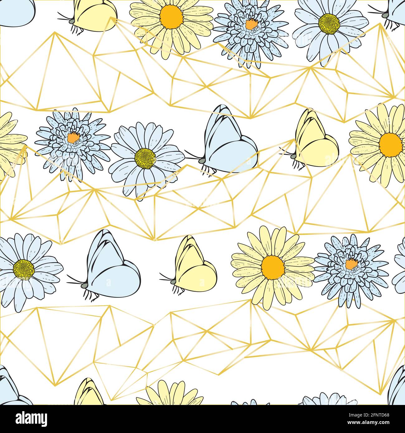 Vector white background daisy flowers, wild flowers and butterflies ...