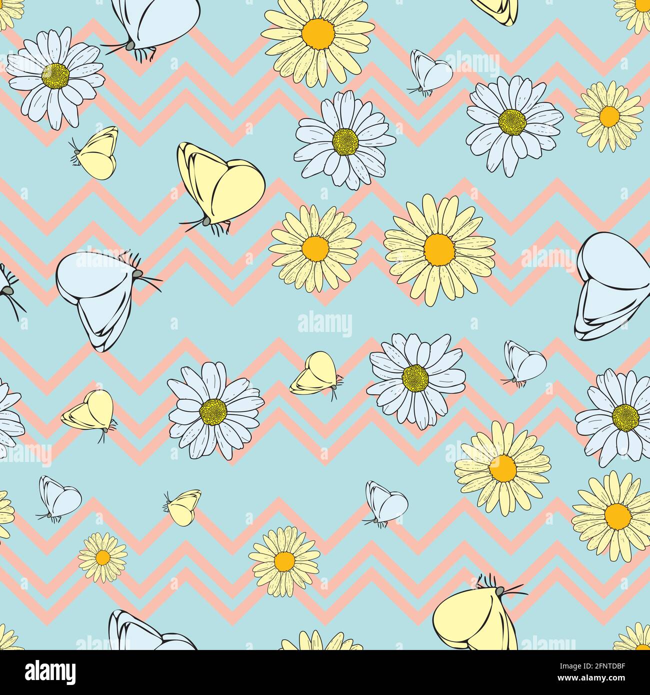 Vector white background daisy flowers, wild flowers and butterflies ...