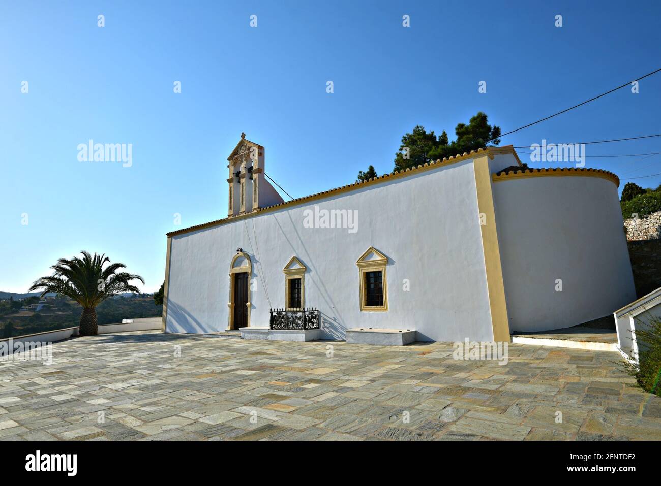 Landscape with scenic view of Aghia Eirini a traditional Greek Orthodox ...