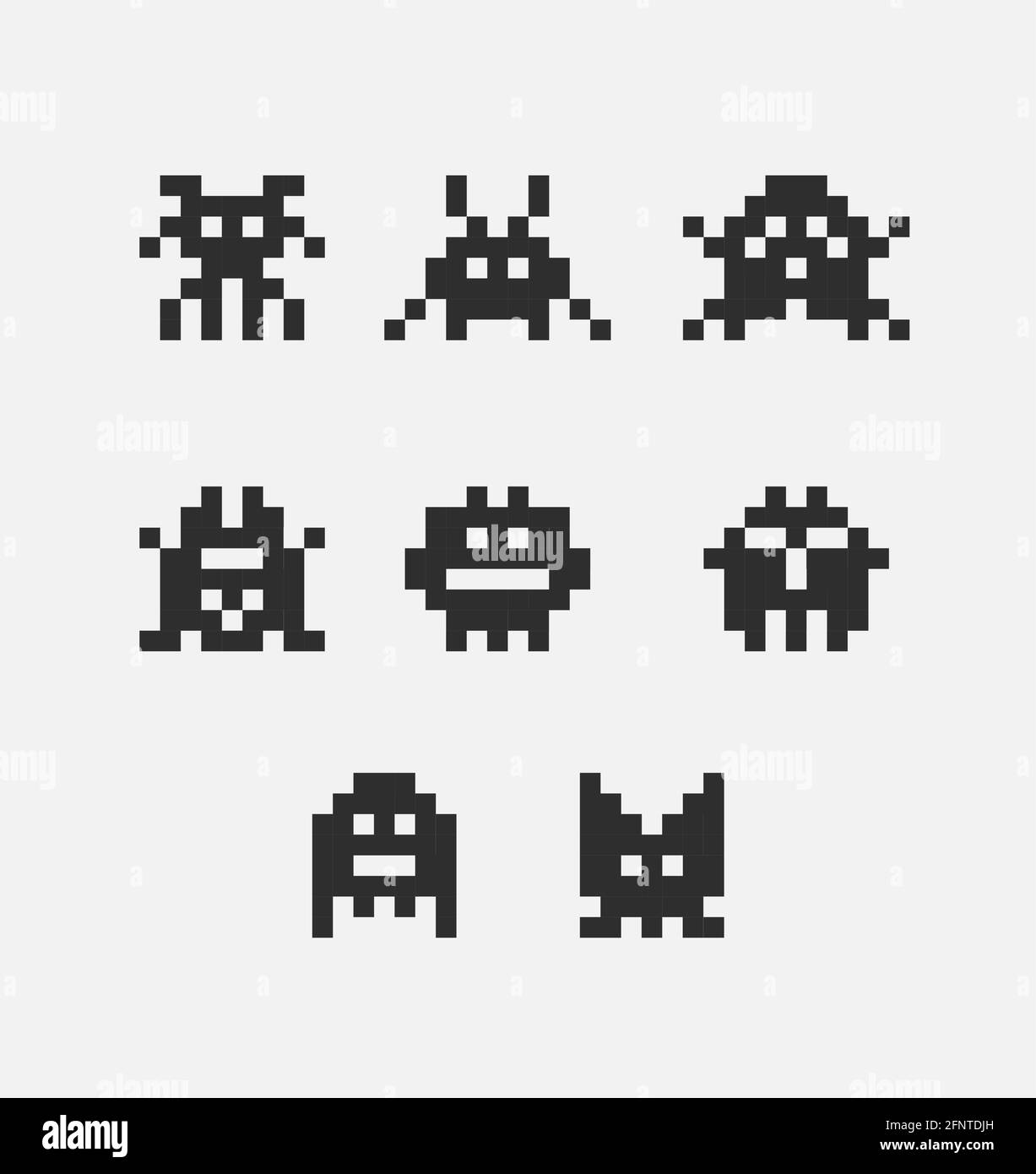 8 bit pixel black arcade game alien invader. Superhero pixel space monster geek game Stock Vector