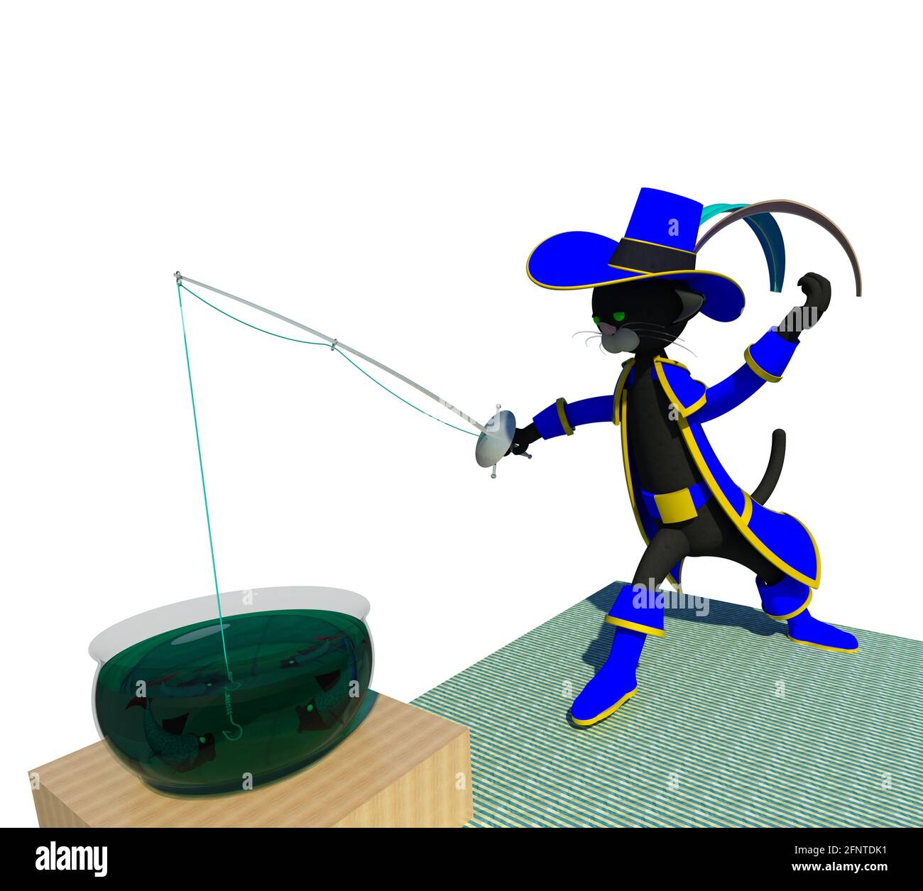 Puss in boots home fishing 3D illustration. Black cat character disguised as fairy tale hero using his rapier to catch fish from  aquarium. Collection Stock Photo