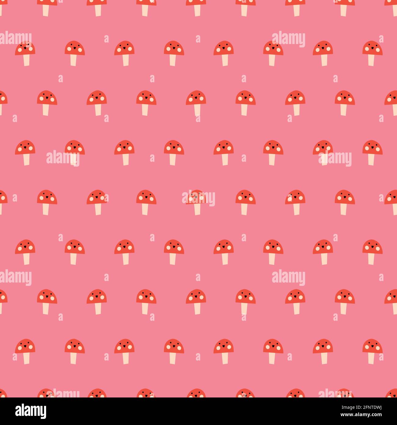 Seamless vector repeat pattern smiling cute mushroom fungi toadstool . Abstract simple mushrooms repeating background pink red. Surface pattern design Stock Vector