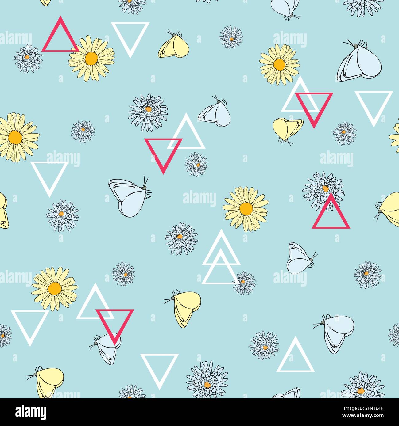 Vector white background daisy flowers, wild flowers and butterflies ...